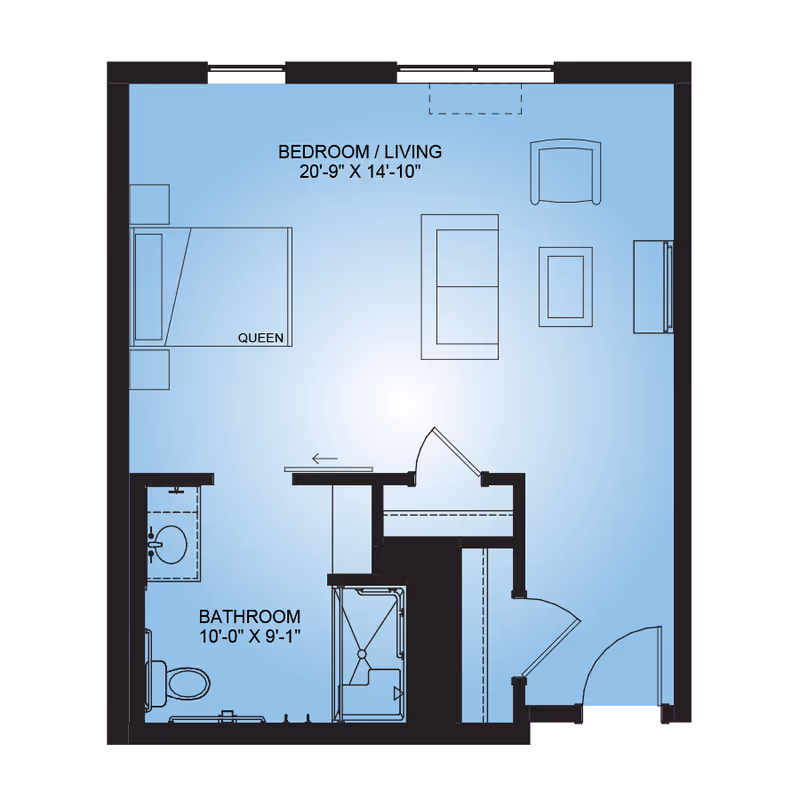 Floor plan of a studio apartment at Anthology of Highland Park showing a combined bedroom and living area measuring 20 feet 9 inches by 14 feet 10 inches with a queen bed, sofa, chair, coffee table, and TV. The bathroom measures 10 feet by 9 feet 1 inch and includes a sink, toilet, and shower.