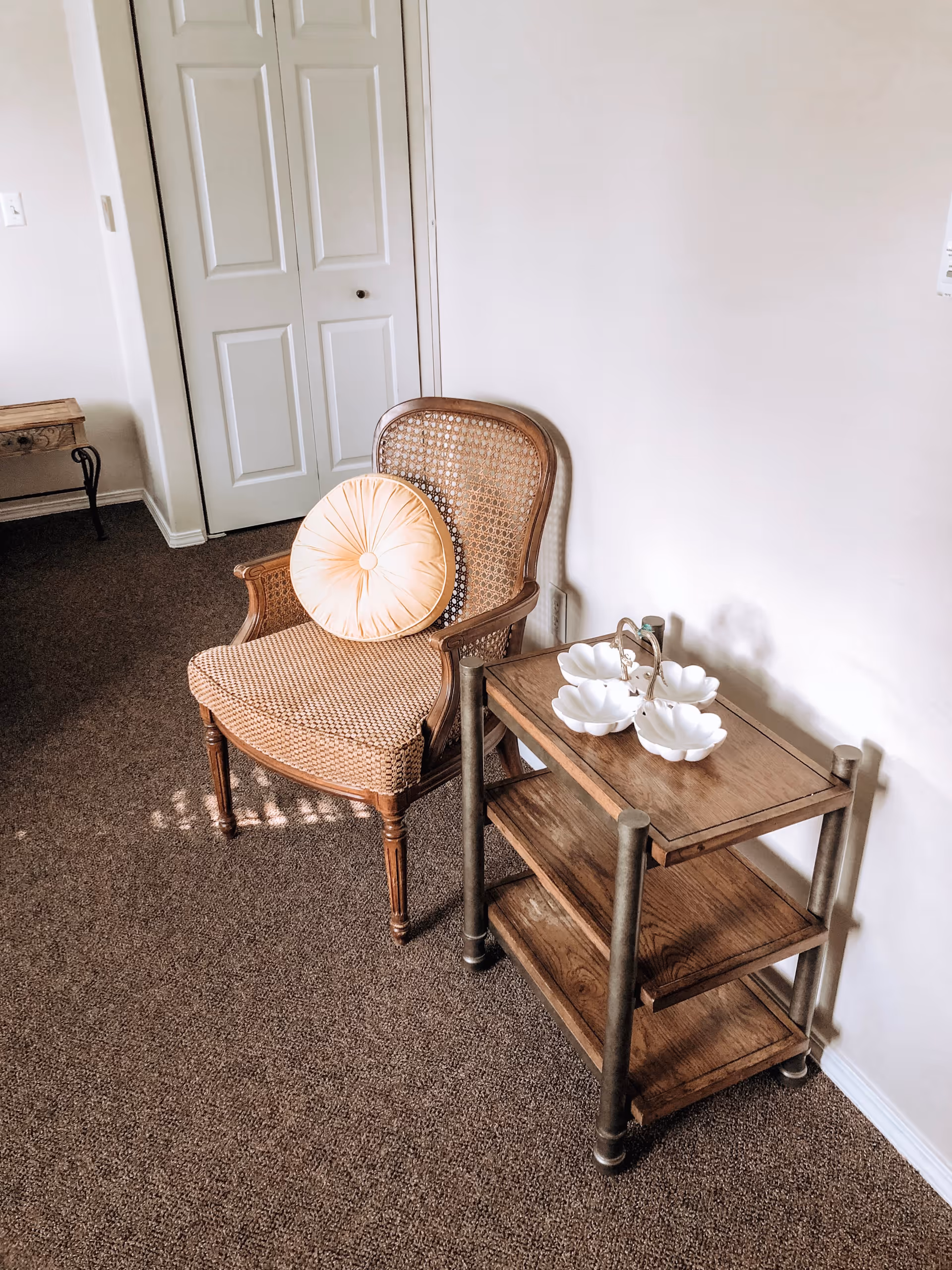 Wicker armchair with a round cushion beside a three-tier wooden side table in a carpeted room with white walls and closet doors.