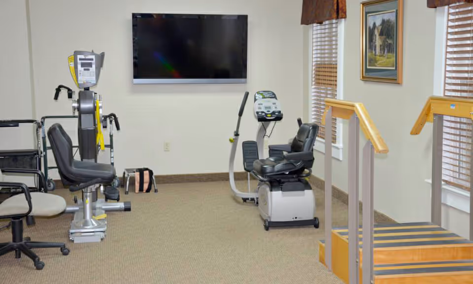 A small exercise room with various fitness equipment including a recumbent bike, a seated exercise machine, and parallel bars for walking support. There is a large flat-screen TV mounted on the wall, two windows with blinds and valances, a framed picture on the wall, and a carpeted floor.