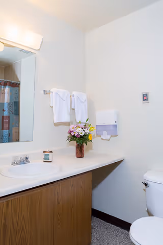 A clean bathroom with a white sink set in a wooden cabinet countertop. Above the sink is a large mirror with a light fixture. Two white towels hang on a towel rack on the wall. A vase with a colorful bouquet of flowers is placed on the countertop. To the right, there is a white toilet and a wall-mounted paper towel dispenser. A shower curtain with a patterned design is partially visible in the mirror reflection.