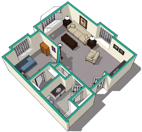 3D floor plan of a small assisted living apartment showing a living room with sofa, armchair, coffee table, and side tables; a bedroom with a bed and dresser; and a bathroom with a sink, toilet, and shower.