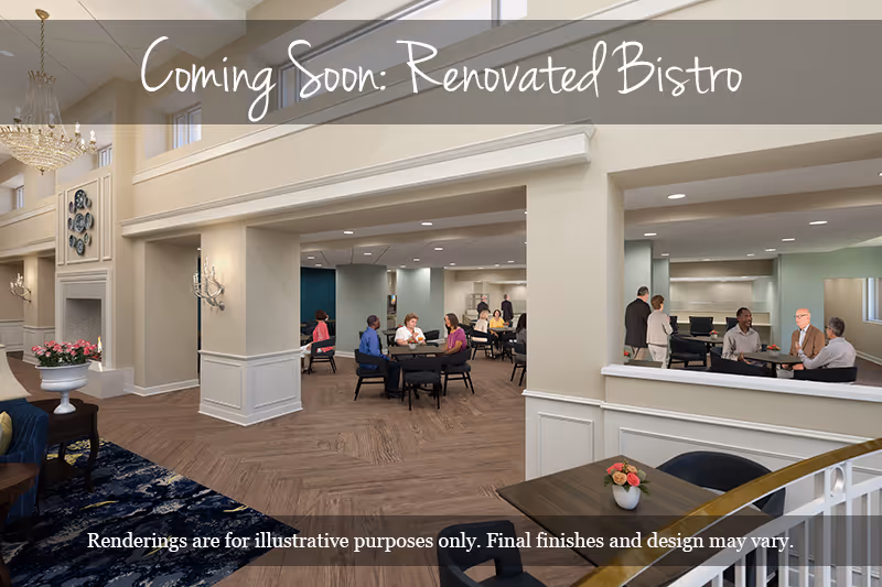 Interior view of a senior living facility's dining area with several people sitting at tables and conversing. The space features beige walls, wood flooring, and a cozy atmosphere with a chandelier and decorative elements. Text overlay reads 'Coming Soon: Renovated Bistro' and a disclaimer about renderings being illustrative.
