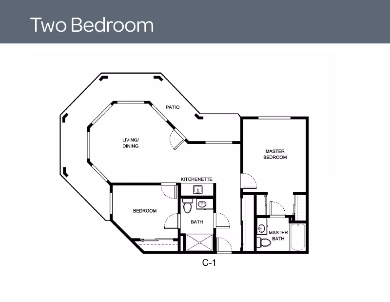 Black-and-white two-bedroom floor plan labeled 'Two Bedroom' showing a living/dining area with patio, kitchenette, a bedroom, master bedroom, and two bathrooms.