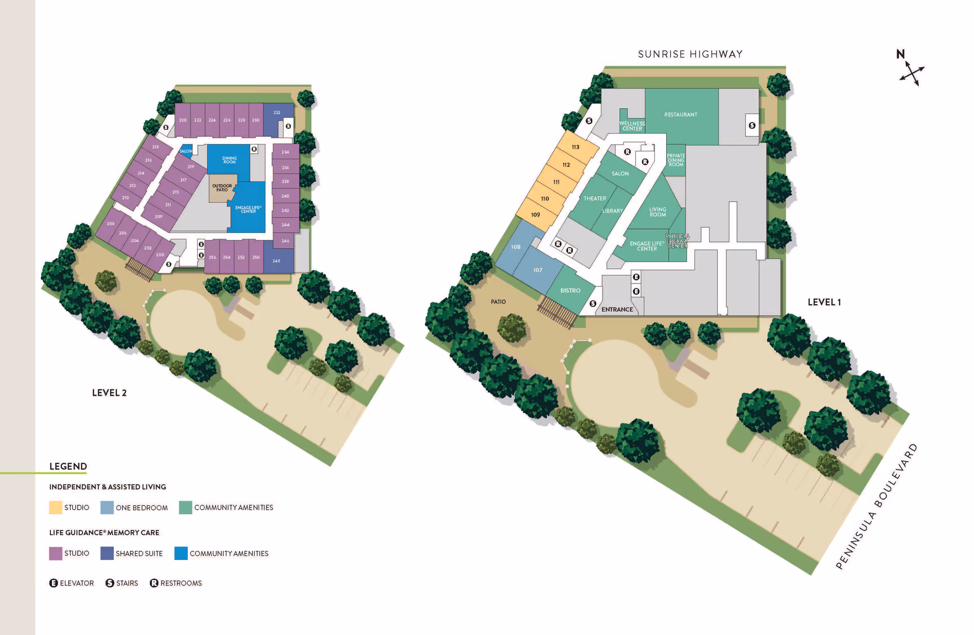 Floor plan of Atria Park of Lynbrook senior living facility showing two levels. Level 1 includes community amenities such as a restaurant, wellness center, salon, theater, library, living room, bistro, and entrance, along with studio and one-bedroom independent and assisted living units. Level 2 features life guidance memory care with studio and shared suite units, dining room, outdoor patio, and community amenities. The plan includes elevators, stairs, and restrooms, with surrounding trees and parking areas labeled with adjacent streets Sunrise Highway and Peninsula Boulevard.