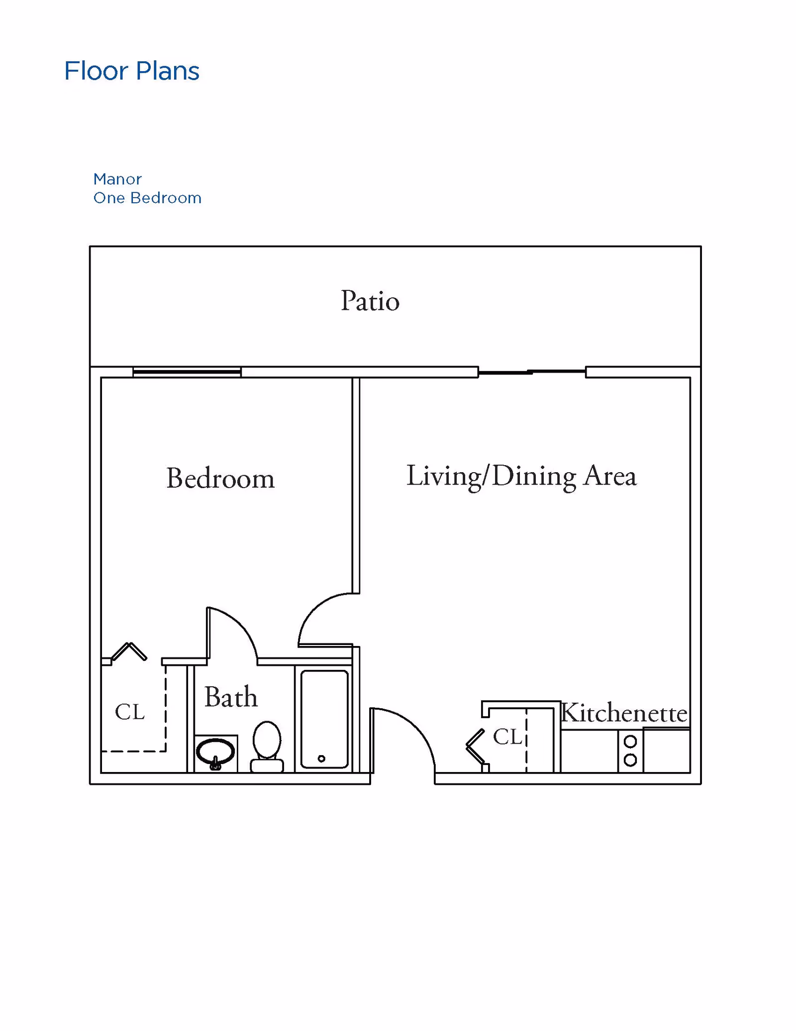Floor plan of a one-bedroom unit named Manor, showing a bedroom with a closet, a bathroom with a sink, toilet, and bathtub, a living/dining area, a kitchenette with a closet, and a patio.