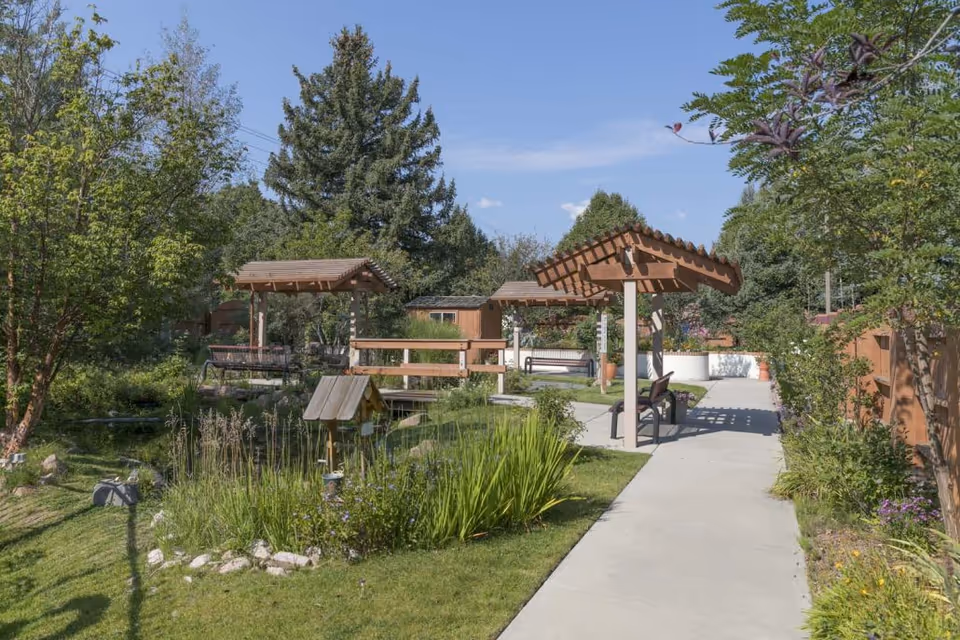 A peaceful outdoor garden area with a paved walkway, wooden pergolas, benches, lush green grass, various plants, and trees under a clear blue sky.