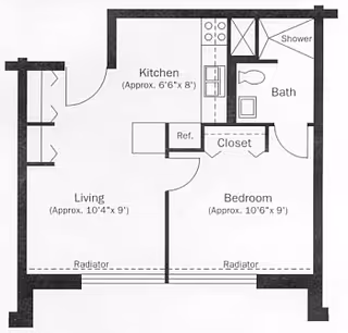 Floor plan diagram of a one-bedroom apartment showing kitchen, living room, bedroom, bathroom, and closet.