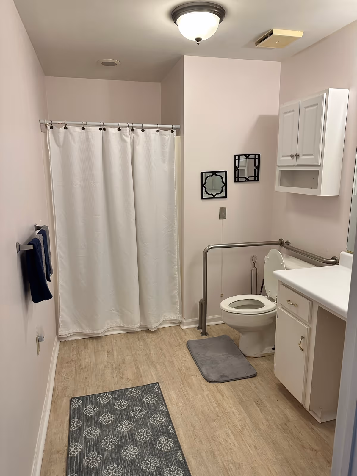 Accessible bathroom with a shower curtain, toilet with grab bars, vanity and wall cabinet.