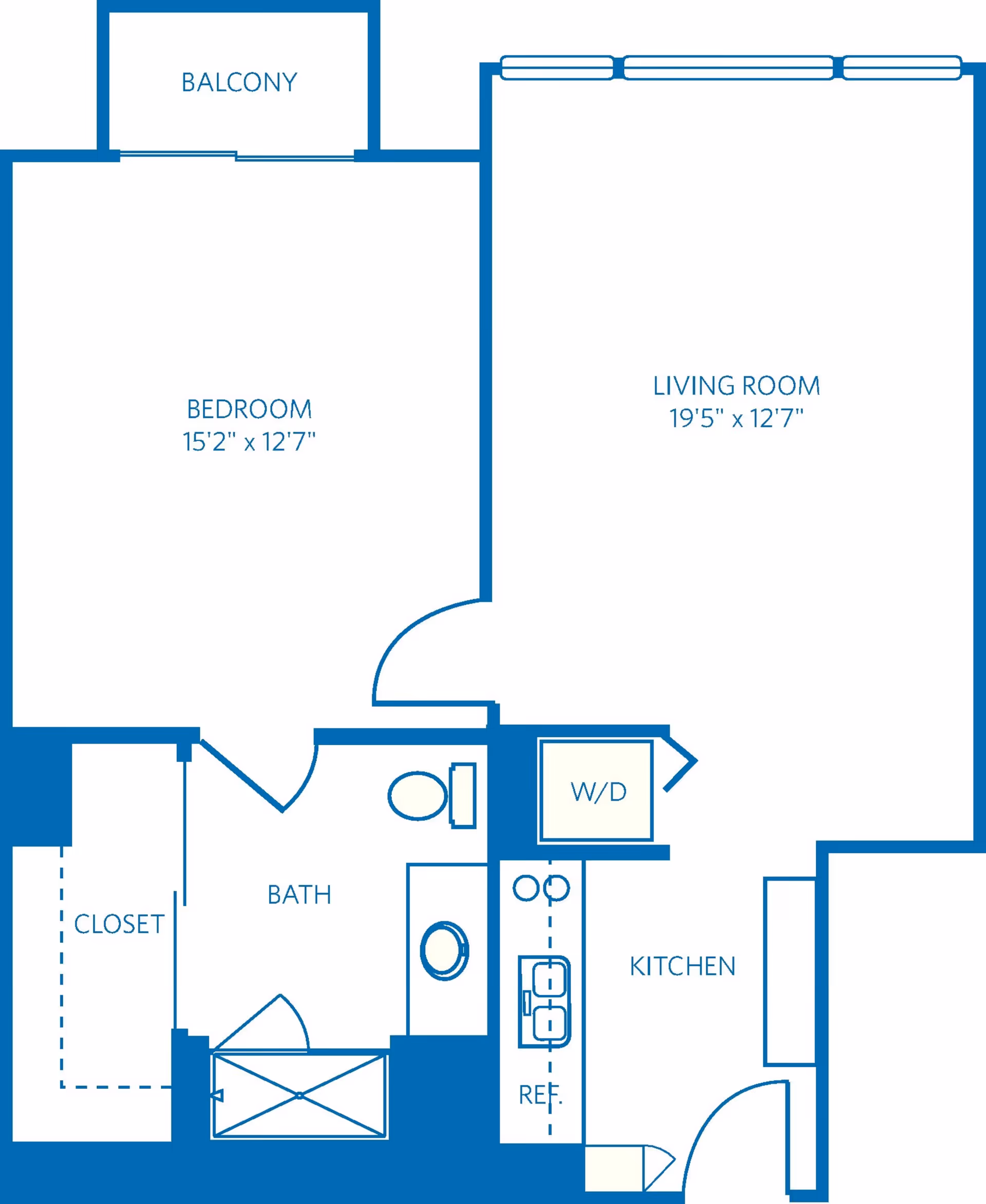 Floor plan of a one-bedroom apartment at Vi at La Jolla Village, showing a bedroom with balcony, living room, kitchen with washer/dryer and refrigerator, bathroom, and closet.