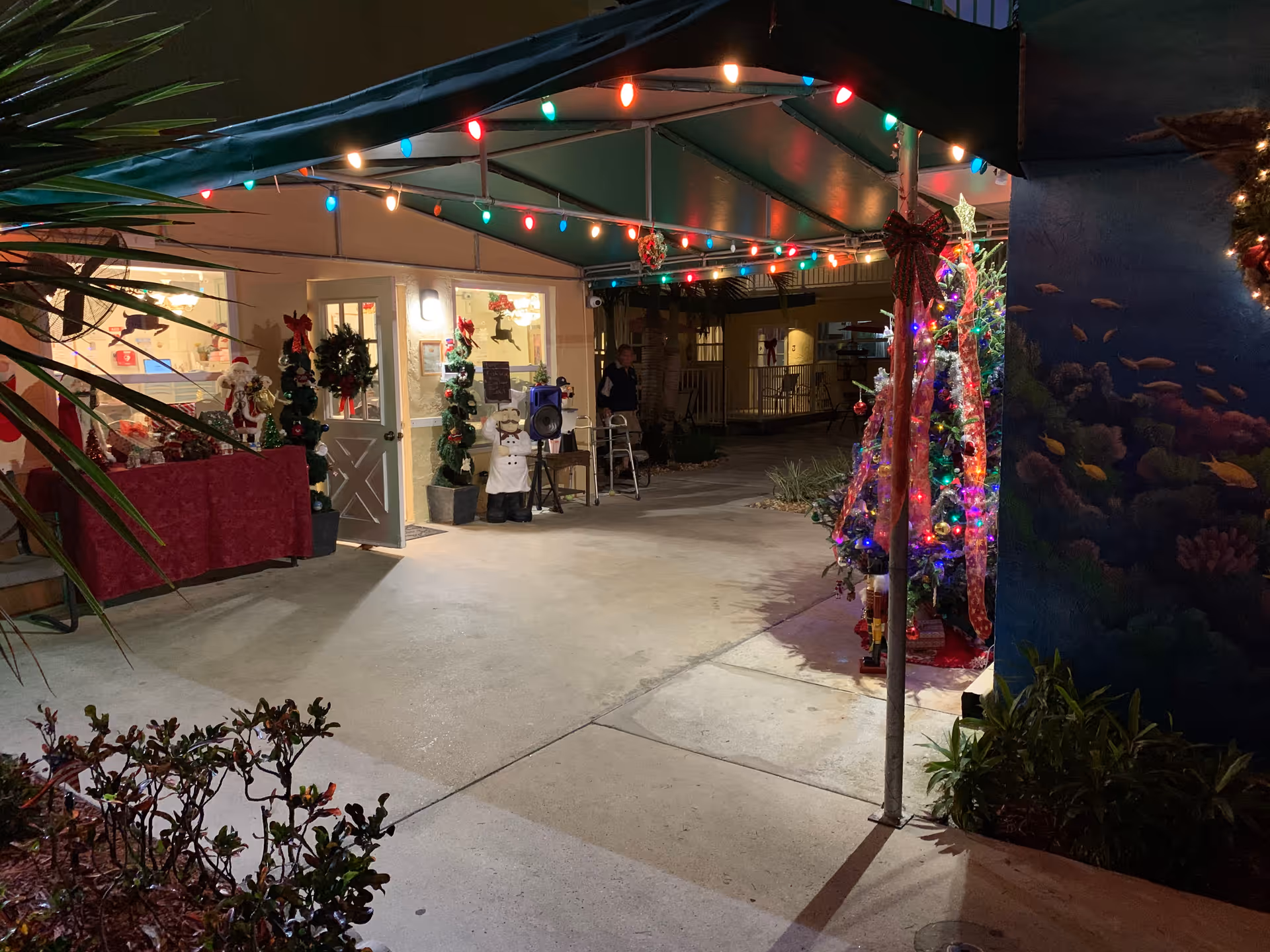 Outdoor covered walkway decorated with colorful string lights and Christmas decorations including a decorated Christmas tree, wreaths, and festive figures near the entrance of a building at night.