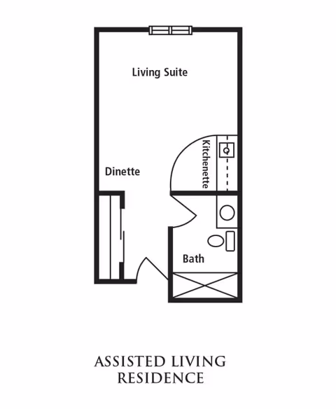 Simple floor plan diagram of an assisted living studio showing a living suite, dinette, kitchenette and bath.