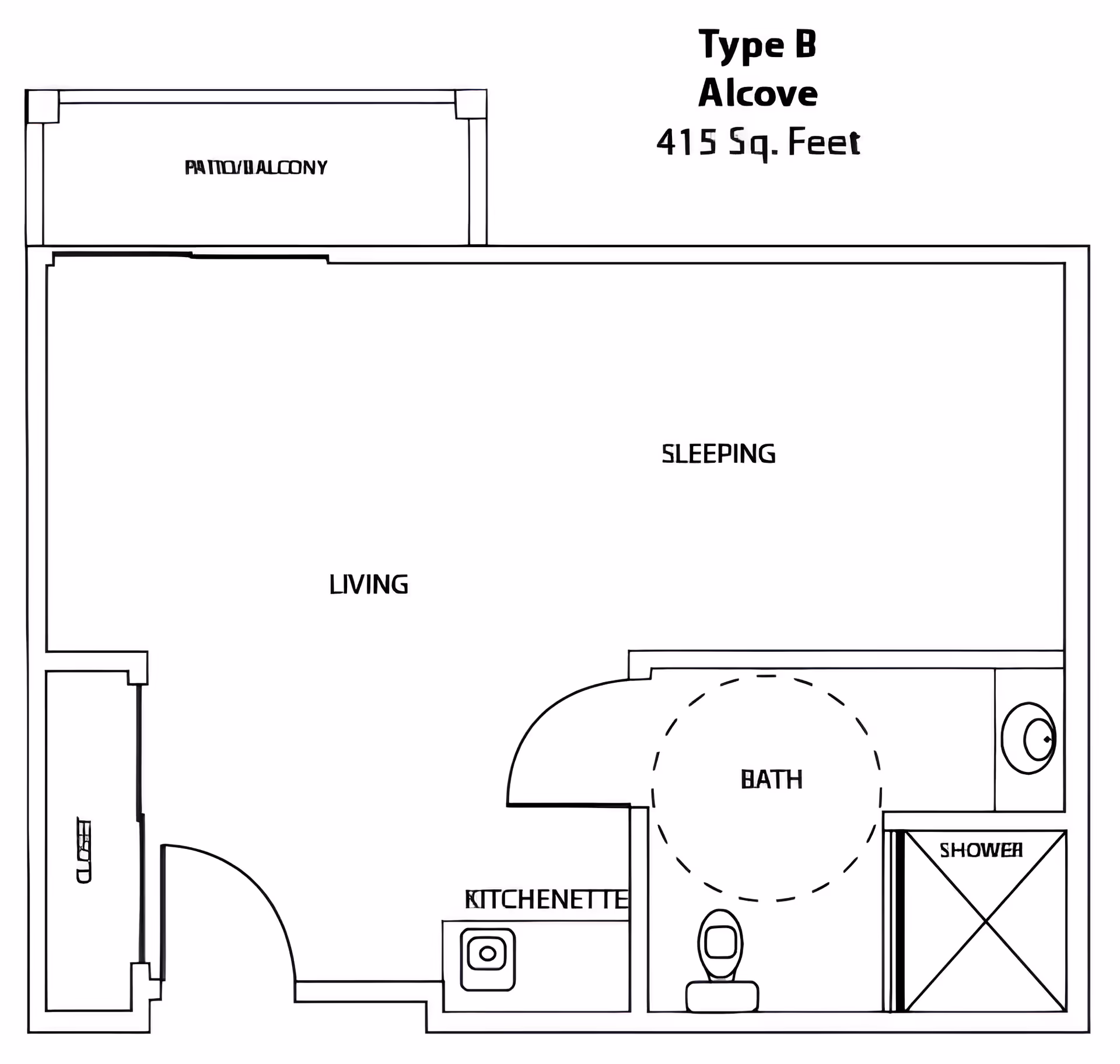 Floor plan of a Type B Alcove apartment with 415 square feet, showing a patio/balcony, living and sleeping areas combined, a kitchenette, and a bathroom with a shower.