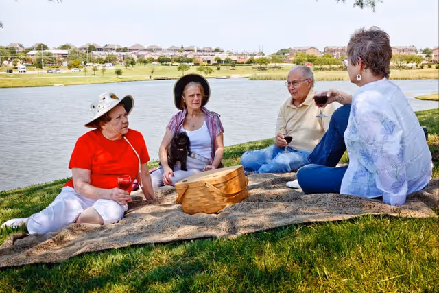 Four elderly people sitting on a blanket having a picnic by a lake. One woman is holding a small black dog, and two people are holding glasses of red wine. The background shows a grassy area, water, and houses in the distance.