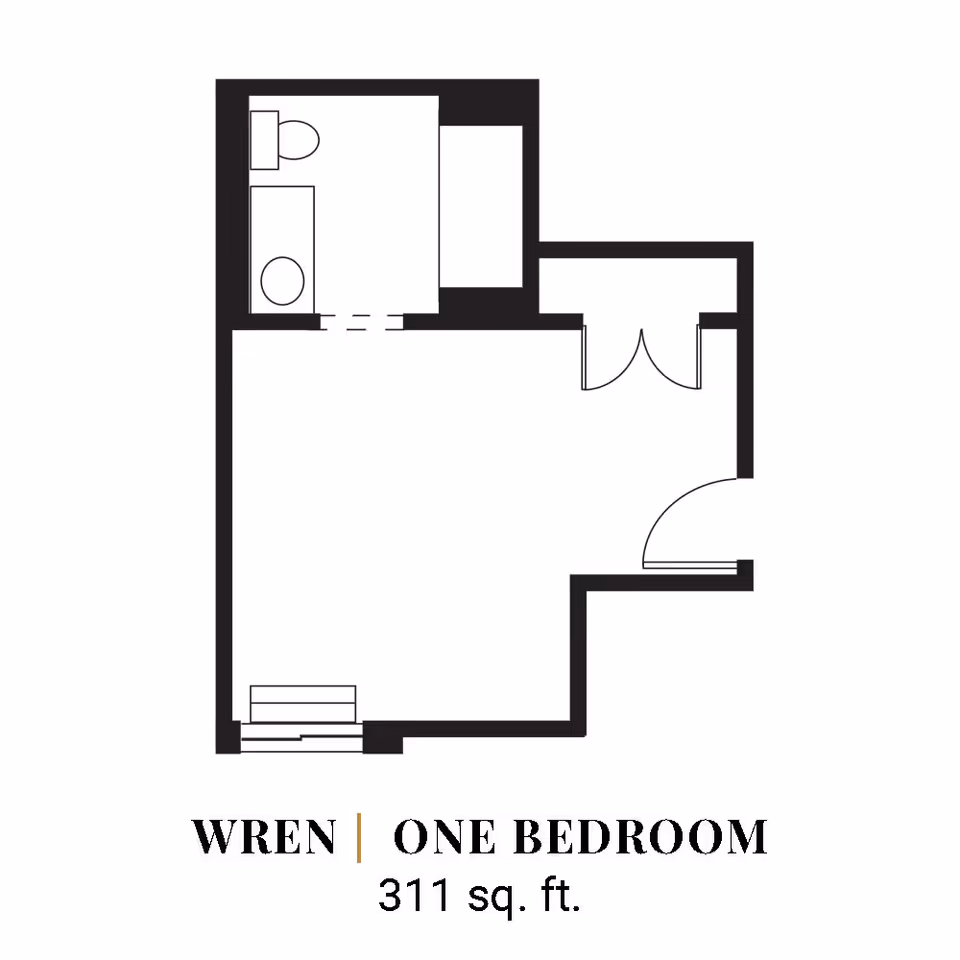 Floor plan layout of a one-bedroom unit named Wren with 311 square feet, showing a bathroom area with a toilet and sink, and an open living space with two doors.