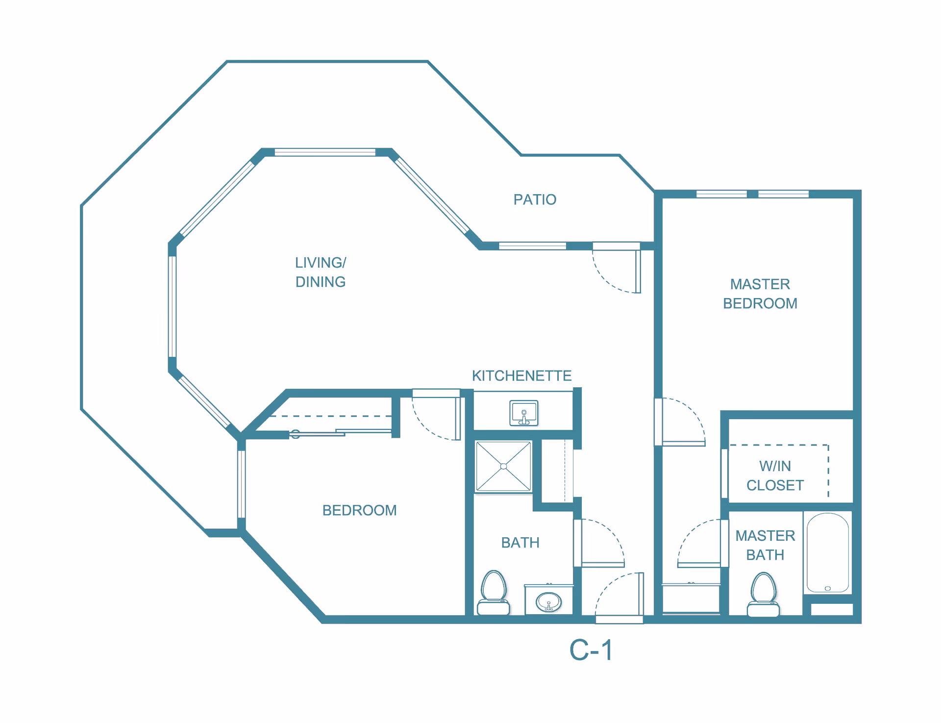 Architectural floor plan of a residential unit labeled C-1 at Holiday Elm Park Estates, showing a living/dining area, patio, kitchenette, bedroom, bath, master bedroom with walk-in closet, and master bath.