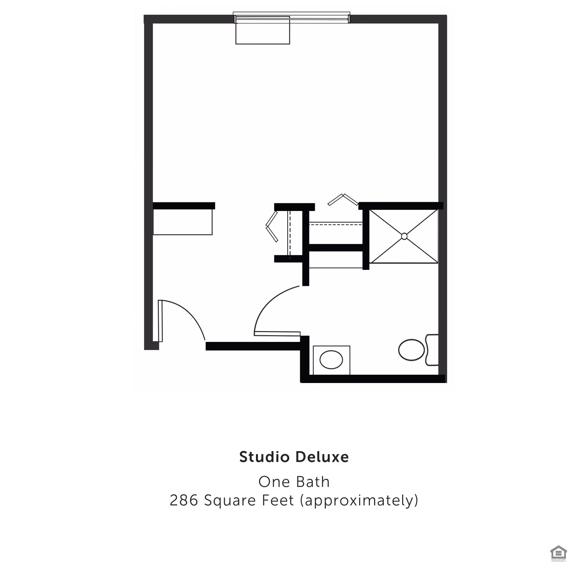 Floor plan of a studio deluxe apartment with one bathroom, approximately 286 square feet. The layout includes an entry door leading to a main living area, a bathroom with a toilet and shower, and a closet space.