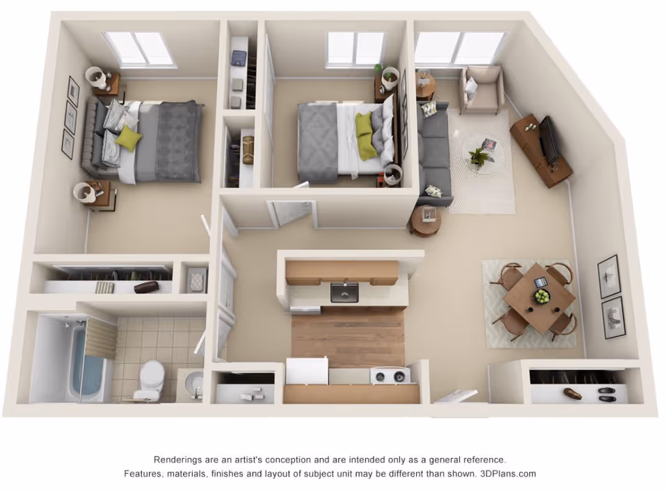 3D floor plan of a two-bedroom apartment featuring a living room with a sofa, armchair, coffee table, and TV, a dining area with a square table and four chairs, a kitchen with appliances and cabinetry, two bedrooms each with a bed and nightstands, and a bathroom with a bathtub, toilet, and sink.