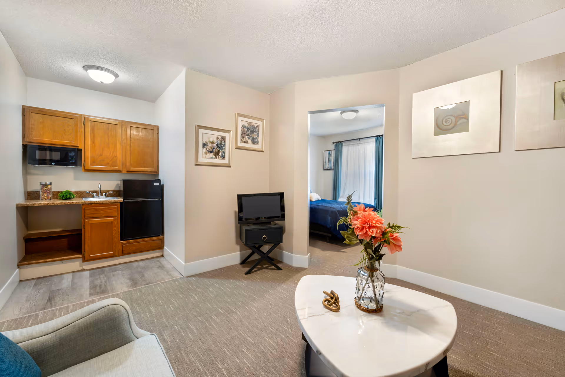 Studio-style living area with a small kitchenette on the left, a coffee table with flowers in the center, a TV on a stand, and a bedroom visible through an open doorway.