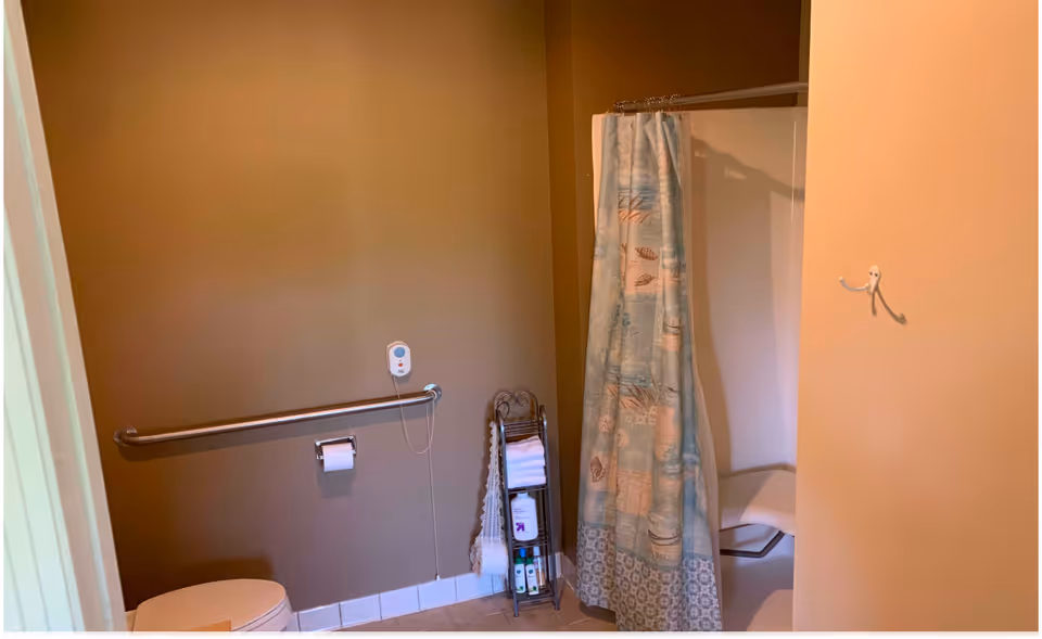 Accessible bathroom with a toilet, wall grab bar, roll of toilet paper, a shower with a patterned curtain and a shower chair, plus a small towel rack.