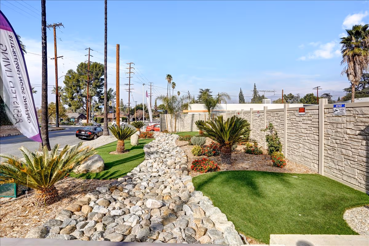 Outdoor landscaped area with a dry rock creek bed, small palm trees, green grass patches, and various plants along a stone wall fence. A street with cars and utility poles is visible on the left side under a clear blue sky.