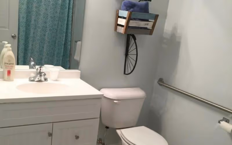 A bathroom with a white vanity and sink, a silver faucet, a bottle of Jergens lotion on the counter, a toilet with a wall-mounted shelf above it holding folded towels, a blue patterned shower curtain, and a metal grab bar on the wall next to the toilet with a toilet paper holder.