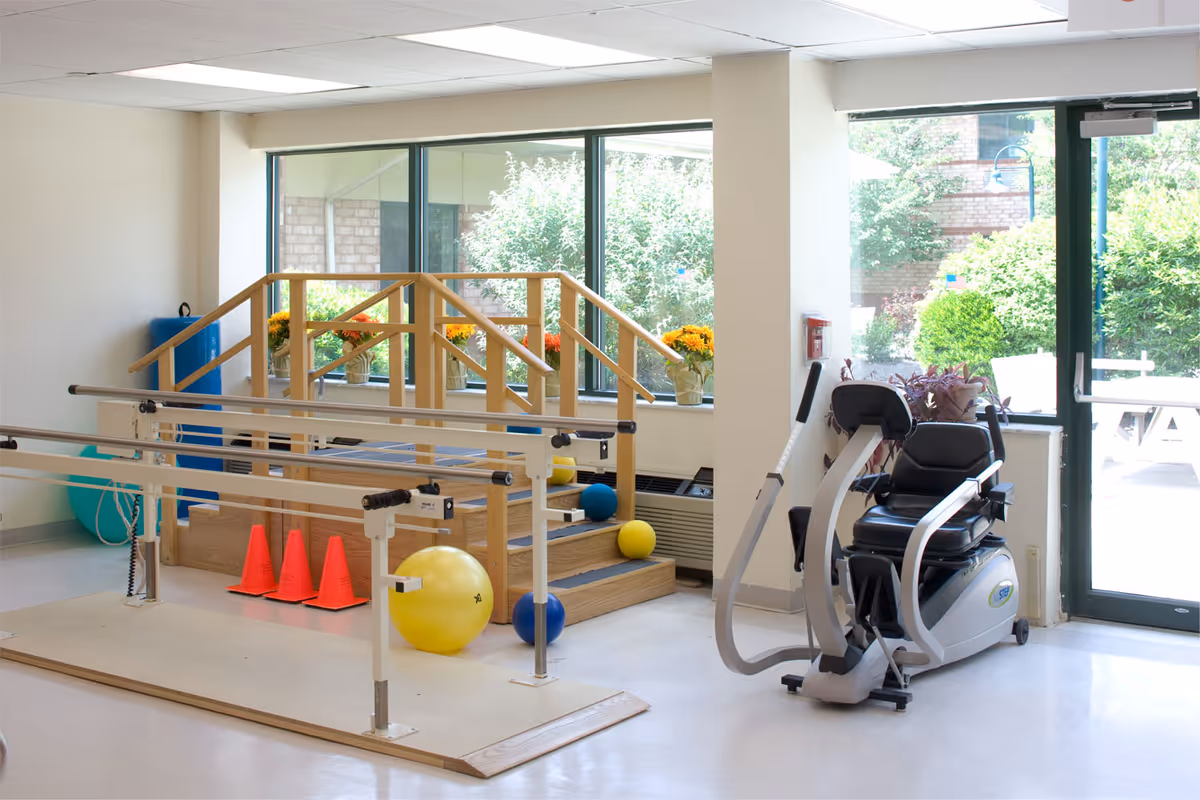 A bright physical therapy room with parallel bars for walking exercises, a small wooden staircase with handrails, colorful exercise balls, orange cones, and a stationary exercise bike near a large window and glass door showing greenery outside.