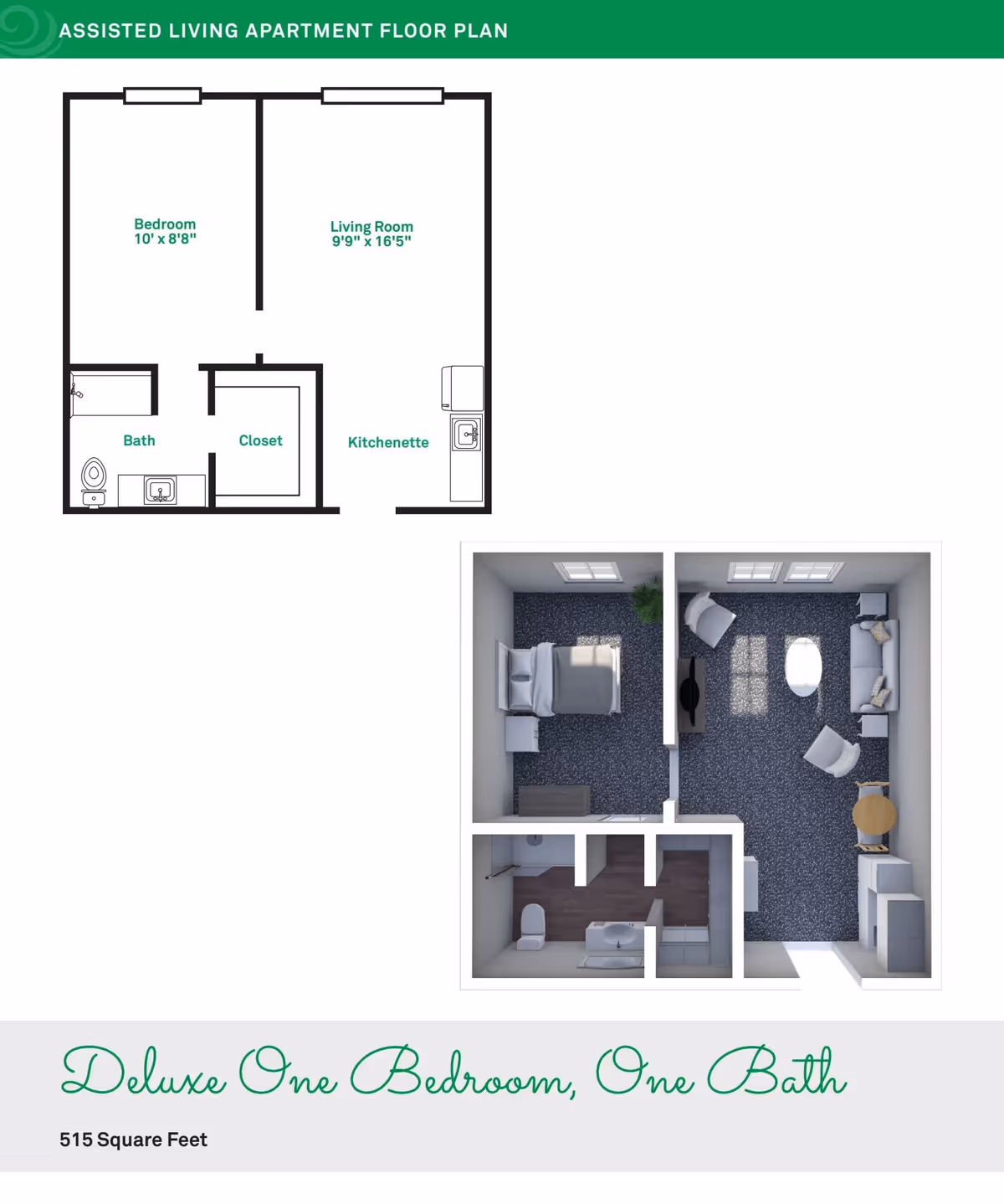 Floor plan and 3D layout of a deluxe one-bedroom, one-bath assisted living apartment with 515 square feet. The plan includes a bedroom measuring 10 feet by 8 feet 8 inches, a living room measuring 9 feet 9 inches by 16 feet 5 inches, a bath, a closet, and a kitchenette. The 3D layout shows furniture placement in each room.