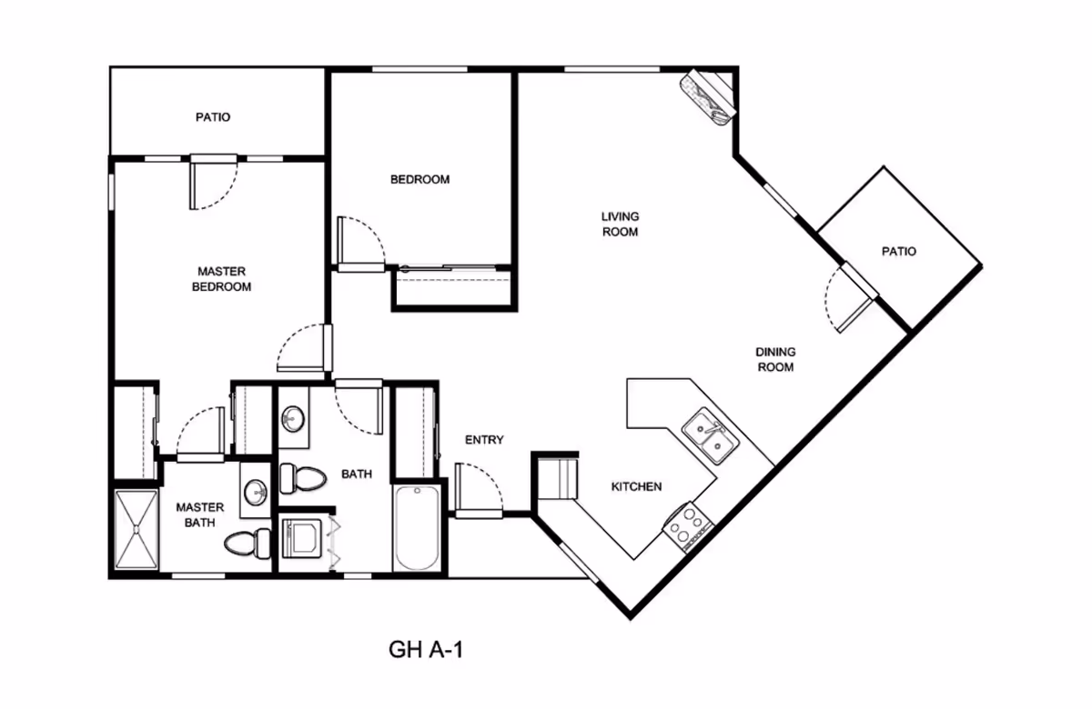 Architectural floor plan labeled GH A-1 showing a layout with a master bedroom with attached master bath, a second bedroom, a separate bath, an entry area, a kitchen, a dining room, a living room, and two patios.