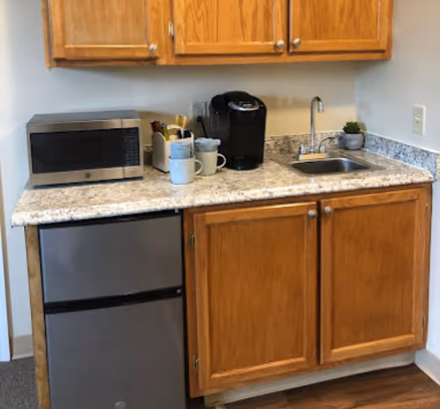 A small kitchenette area with wooden cabinets, a granite countertop, a stainless steel microwave, a mini refrigerator, a coffee maker, several mugs, and a small sink with a faucet. There is also a small potted plant on the countertop.