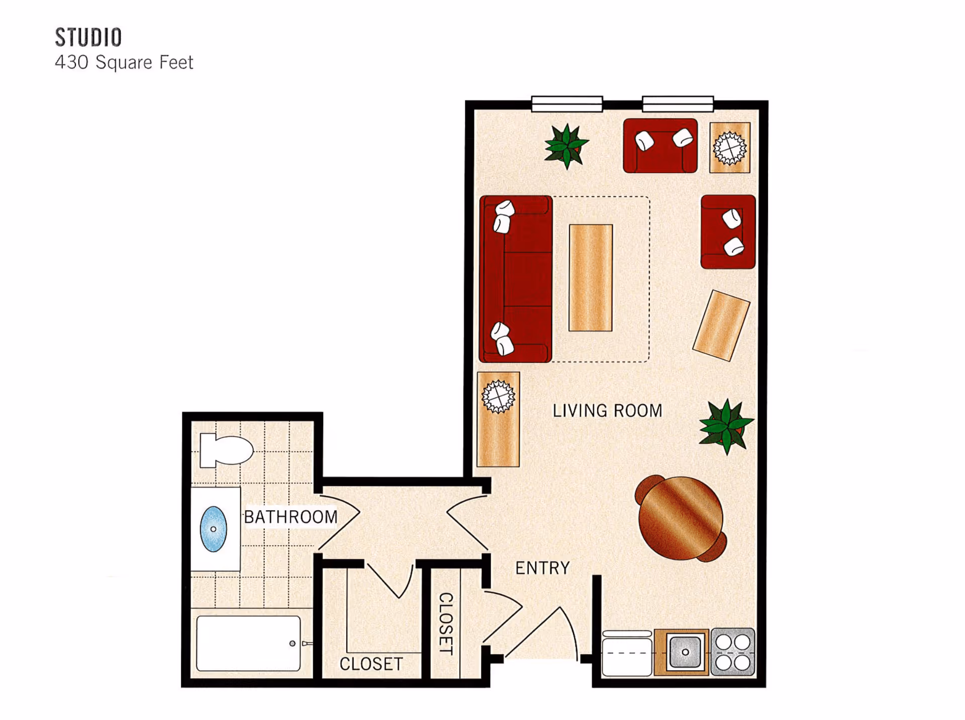 Floor plan of a studio apartment with 430 square feet, showing a living room with sofa, chairs, coffee table, side tables, plants, and a round dining table. The entry leads to a kitchen area with a sink and stove. There is a bathroom with a bathtub, toilet, and sink, and two closets near the entry.