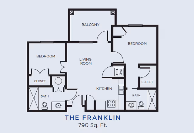 Floor plan of The Franklin apartment at Gardens of Gainesville showing two bedrooms, two bathrooms, a kitchen, living room, balcony, closets, and washer/dryer area, totaling 790 square feet.
