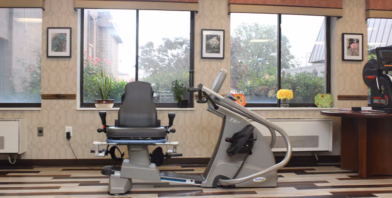 A rehabilitation exercise room with a recumbent exercise bike positioned in front of three large windows. The windows have a view of trees and buildings outside. The room has patterned wallpaper with framed pictures on the walls, potted plants on the windowsills, and a wooden floor with a striped pattern. There is also a treadmill partially visible on the right side of the image.