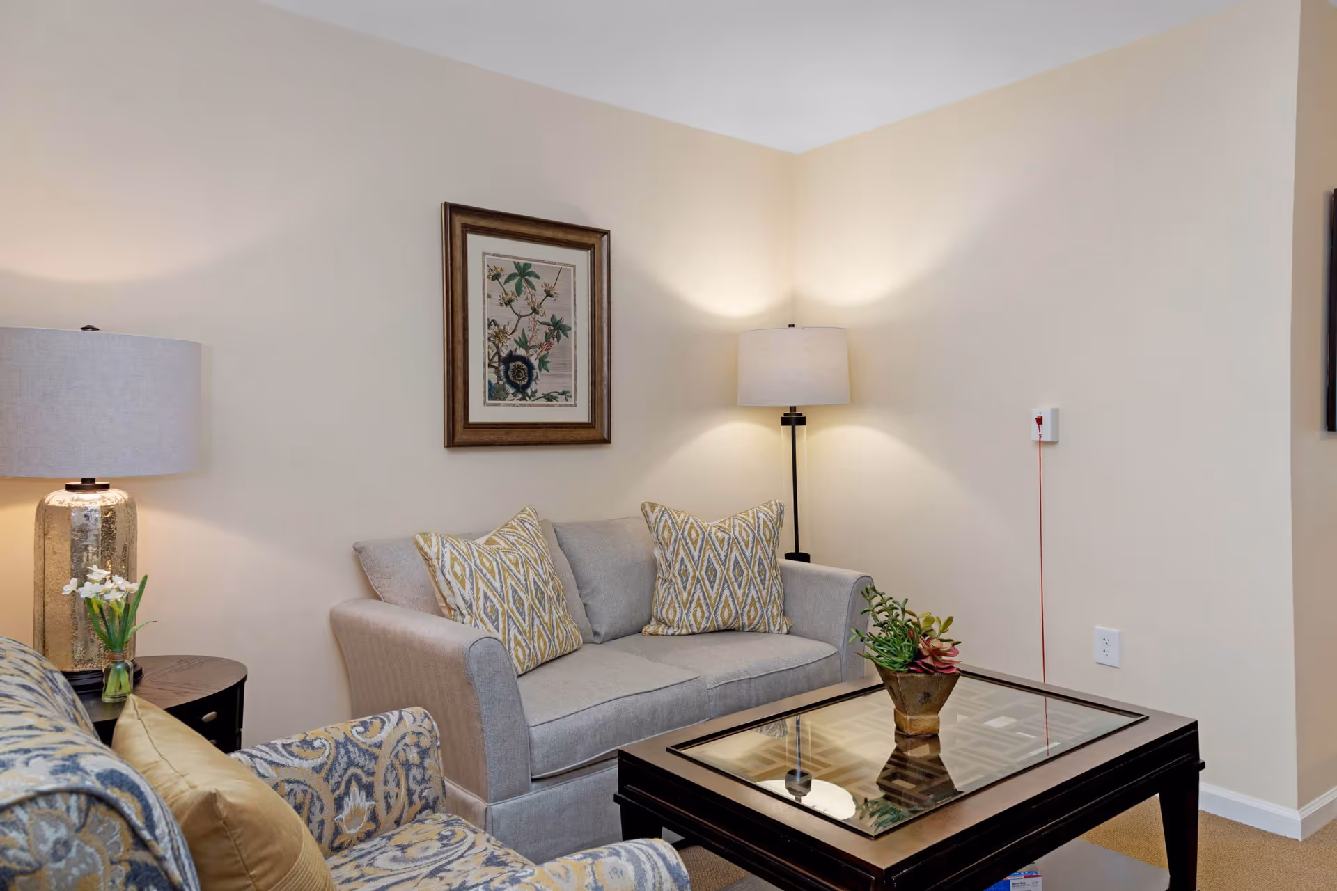 Cozy living room with a gray loveseat, patterned armchair, glass-top coffee table, lamps, framed artwork, and a small plant.