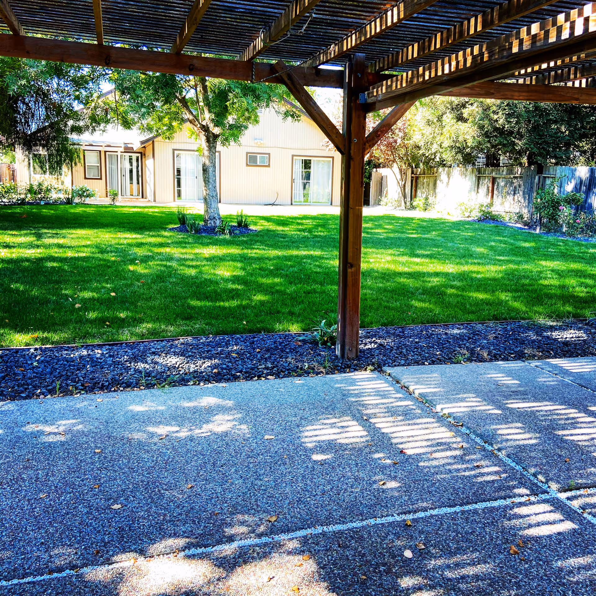 View of a green lawn with a tree in the center, surrounded by a wooden pergola casting shadows on a concrete patio. In the background, there is a beige building with large windows and sliding glass doors, and a wooden fence enclosing the yard.