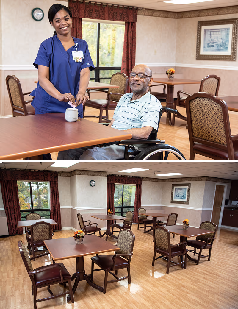 Top image shows a smiling healthcare worker in blue scrubs standing next to an elderly man in a wheelchair at a wooden table in a dining area. The bottom image shows an empty dining room with multiple wooden tables and chairs, floral centerpieces on the tables, large windows with red curtains, and a wall clock.