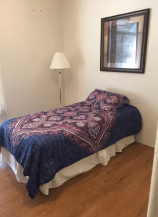 A small bedroom with a single bed covered in a blue and purple patterned bedspread and matching pillow. There is a floor lamp with a white shade next to the bed and a framed picture hanging on the wall above the bed. The room has wooden flooring and light-colored walls.
