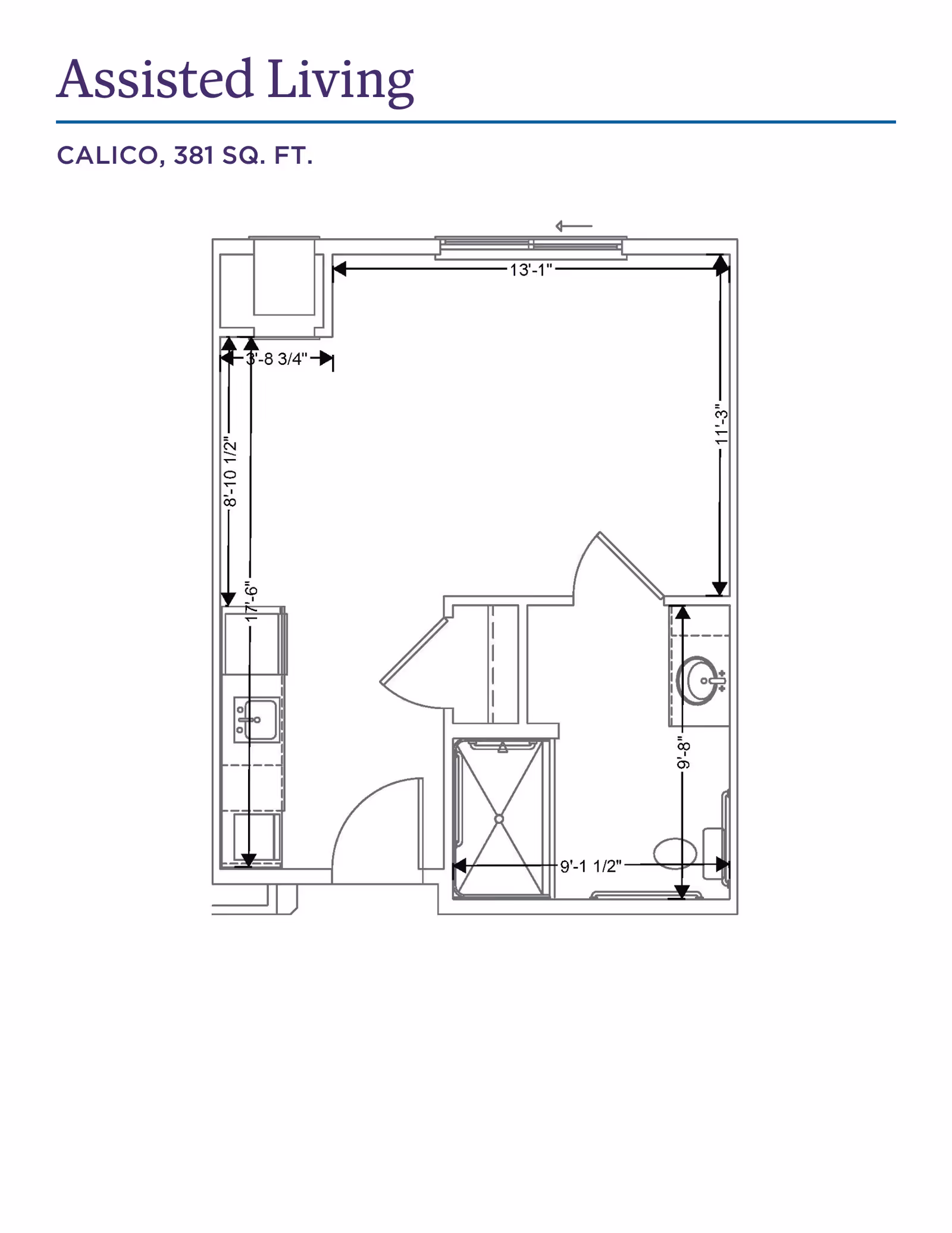 Floor plan layout of an assisted living unit named Calico with a total area of 381 square feet. The plan shows a main living area, a kitchen section with a sink, and a bathroom with a shower, toilet, and sink. Dimensions of various sections are marked in feet and inches.