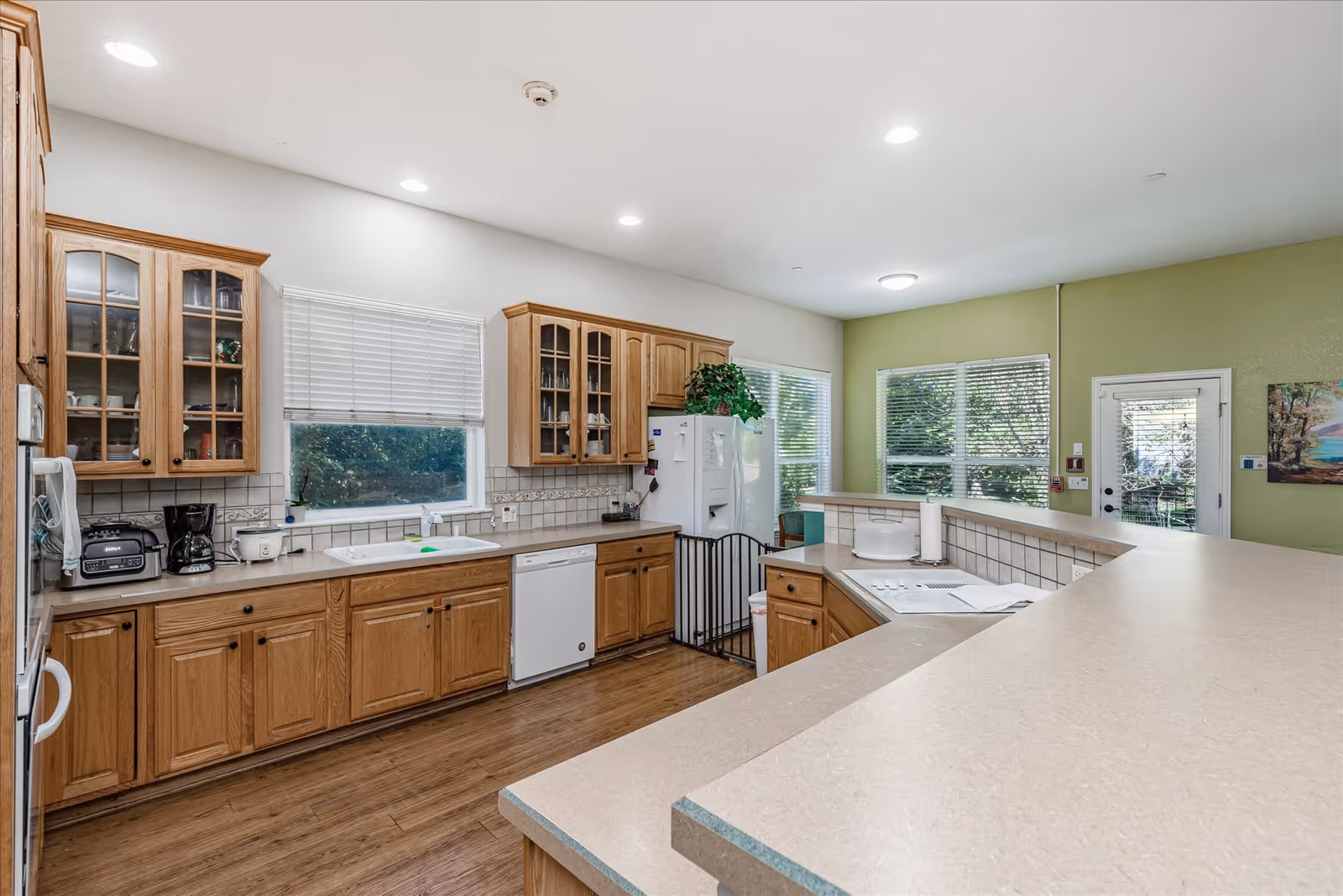 A spacious kitchen with wooden cabinets, a white refrigerator, dishwasher, and sink. The kitchen has a large countertop with a raised bar area, hardwood floors, and windows with blinds letting in natural light. There is a green accent wall with a door leading outside and a painting on the wall.