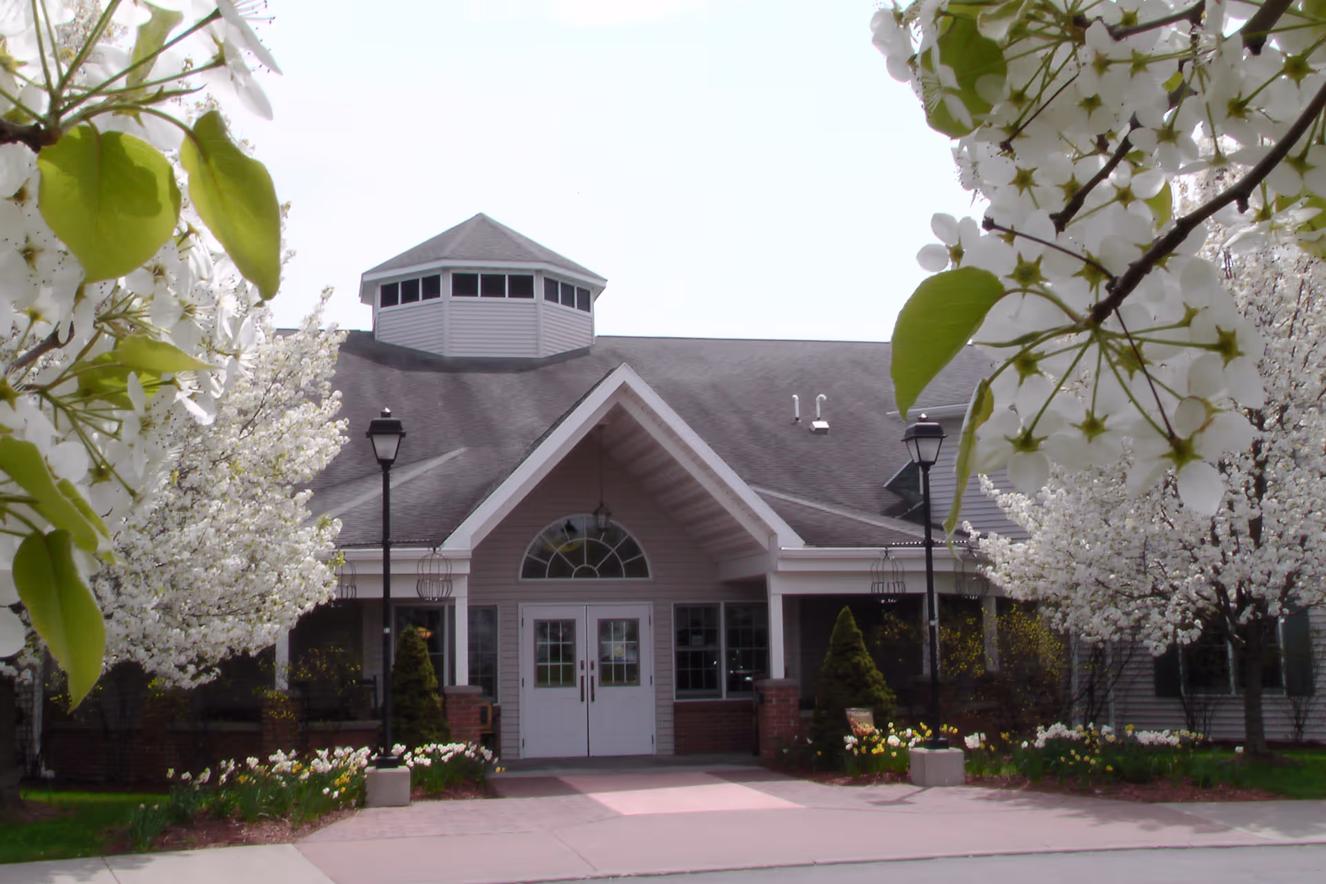 Front exterior view of Ashton Place Senior Living building with a peaked roof and a small cupola on top, surrounded by blooming white flowering trees and landscaped flower beds.