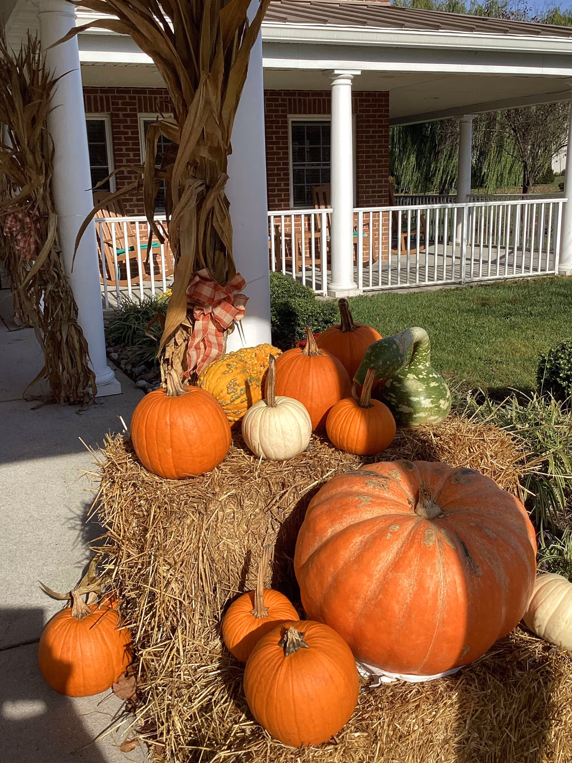 A fall-themed outdoor decoration featuring a variety of pumpkins and gourds arranged on hay bales near a white columned porch with rocking chairs and a green lawn in the background.