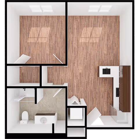 Top-down view of a one-bedroom apartment floor plan with a kitchen area, bathroom, and living space. The kitchen is equipped with cabinets and appliances, the bathroom includes a toilet and sink, and there are two windows providing natural light.