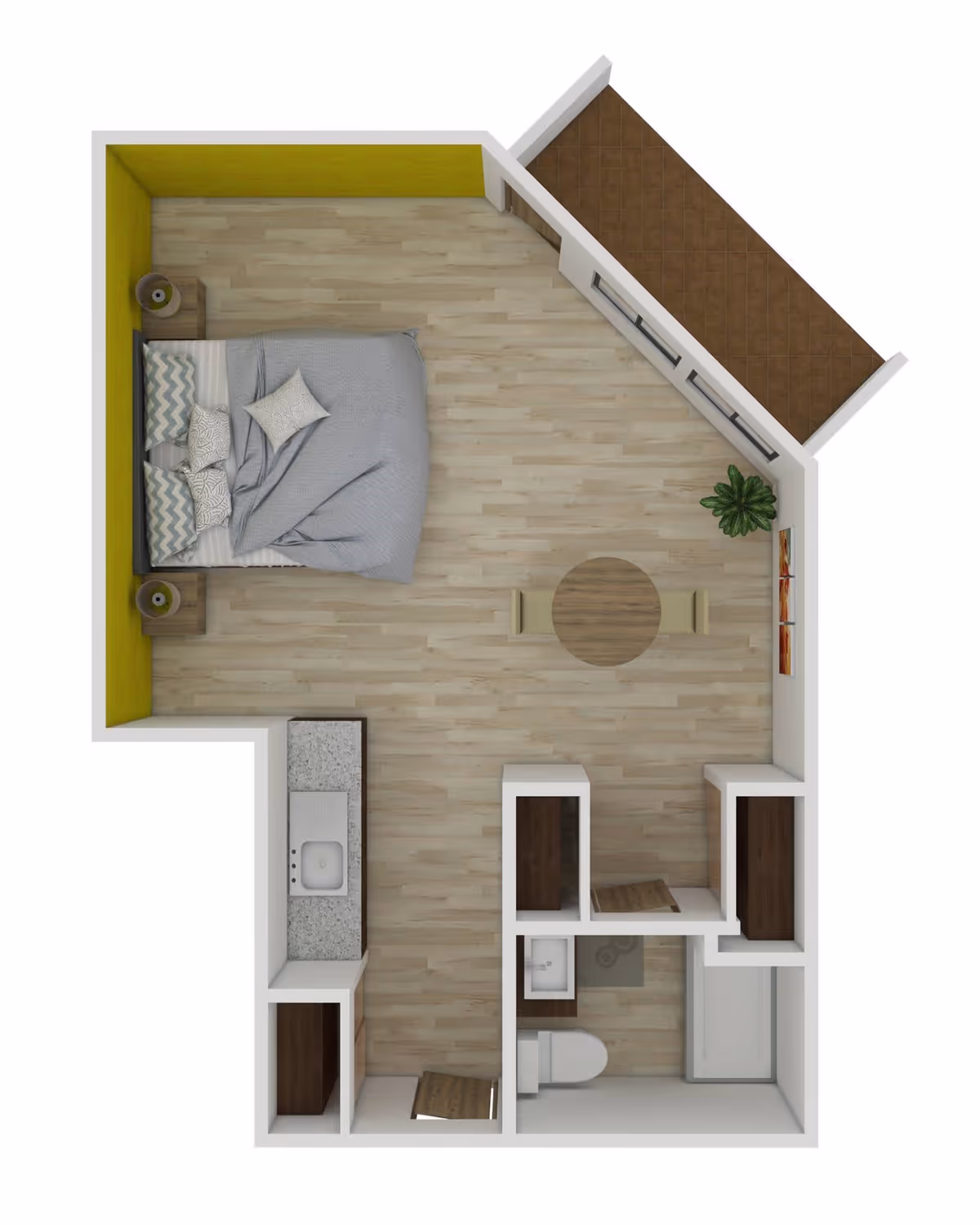 Top-down view of a senior living studio apartment floor plan featuring a sleeping area with a bed and nightstands, a small dining area with a round table and two chairs, a kitchenette with a sink and counter space, a bathroom with a toilet, sink, and shower, and a small balcony area. The flooring is light wood, and the walls are white with one yellow accent wall behind the bed.
