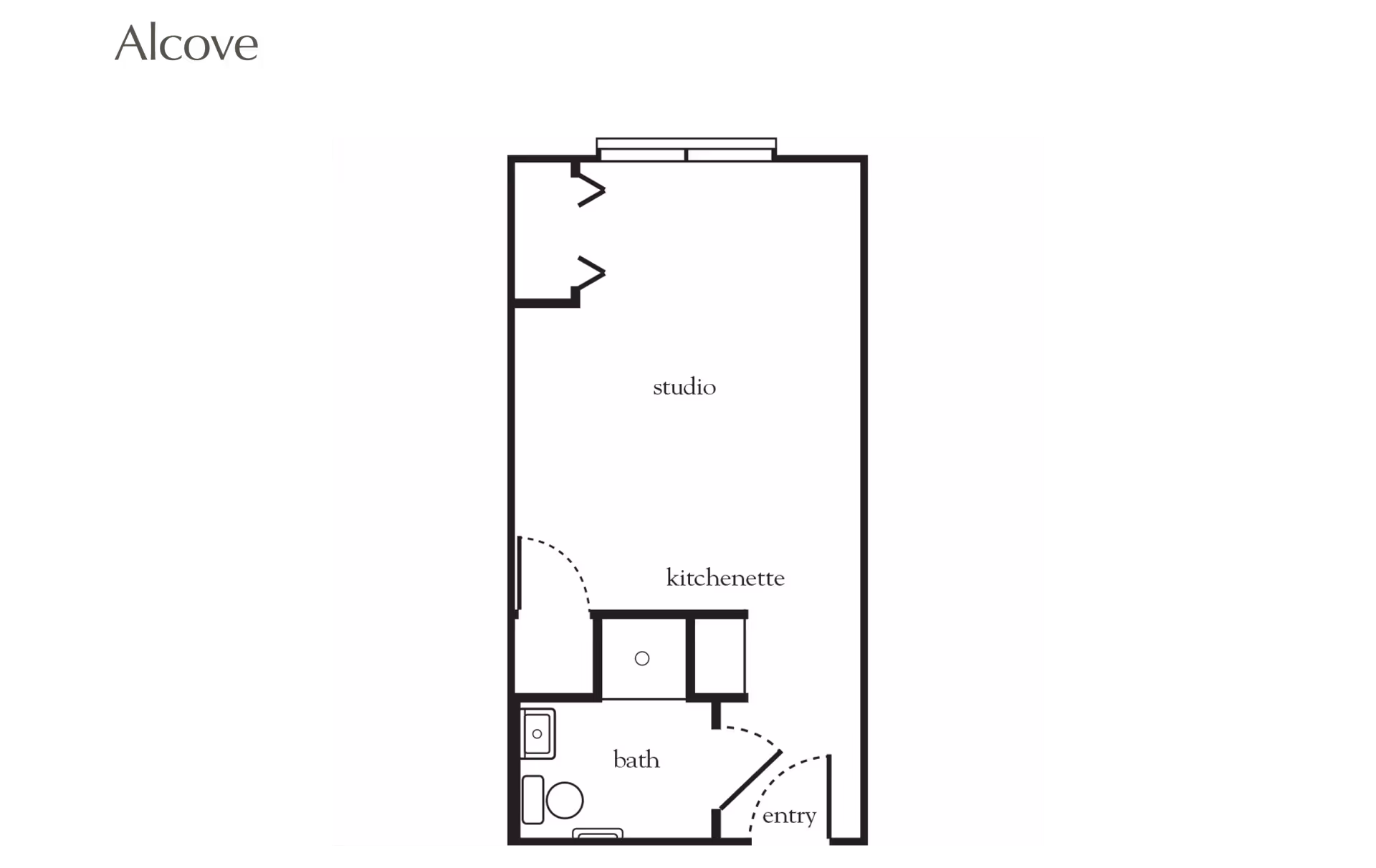 Floor plan labeled Alcove showing a studio layout with a kitchenette, bath, and entry area.