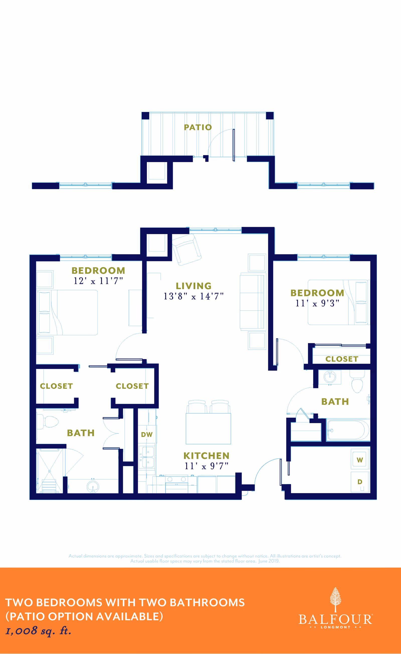 Floor plan of a two-bedroom, two-bathroom apartment with a patio option. The layout includes a living room, kitchen, two bedrooms each with closets, two bathrooms, and a patio area. Dimensions are provided for each room.