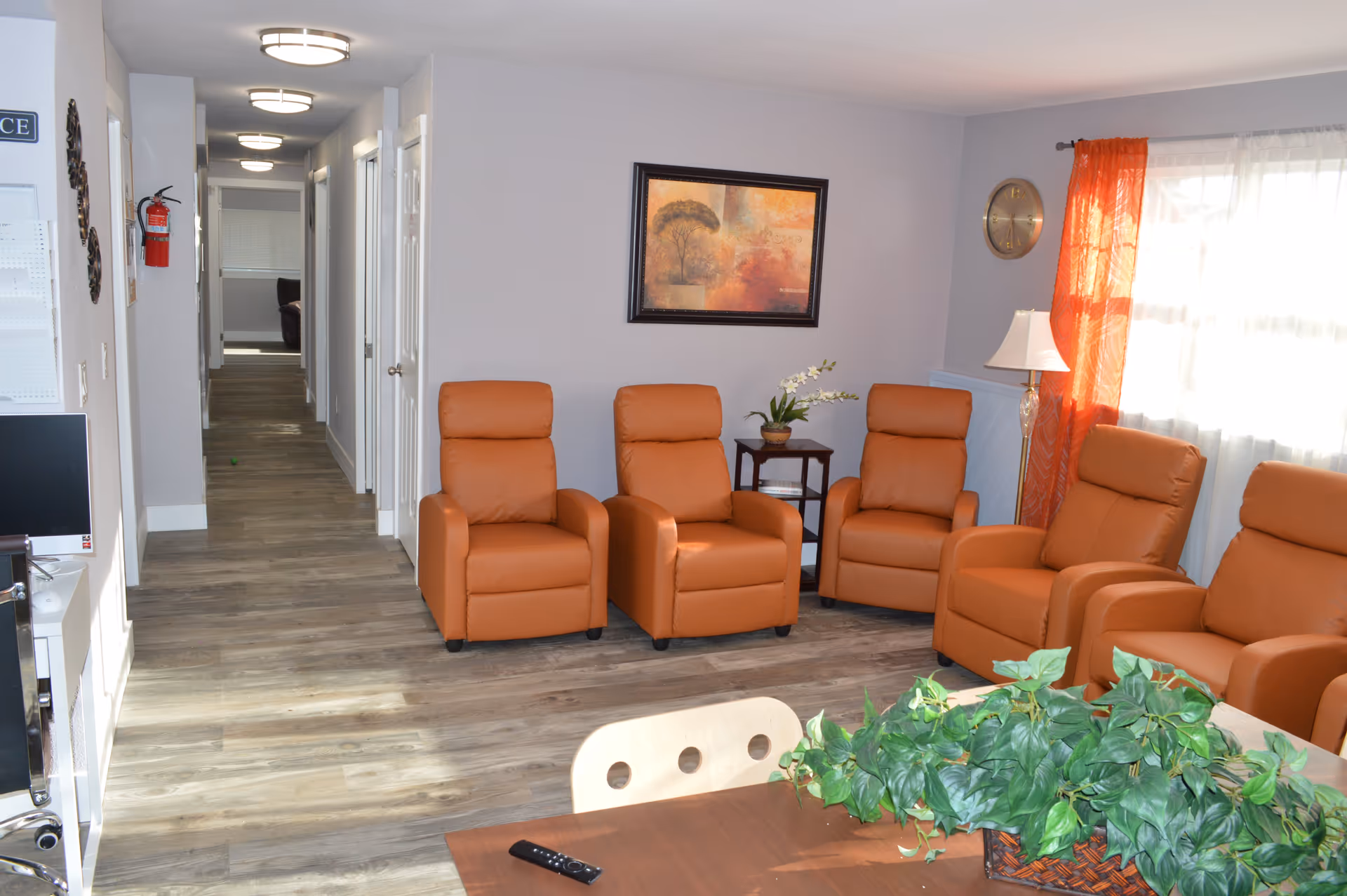 A bright and clean common area in an adult family home featuring five orange recliner chairs arranged against a light gray wall. A framed painting and a clock hang on the walls. A window with sheer white curtains and orange drapes allows natural light to fill the room. A wooden table with a green leafy plant and a remote control is in the foreground. A hallway with multiple doors and ceiling lights extends from the left side of the room.