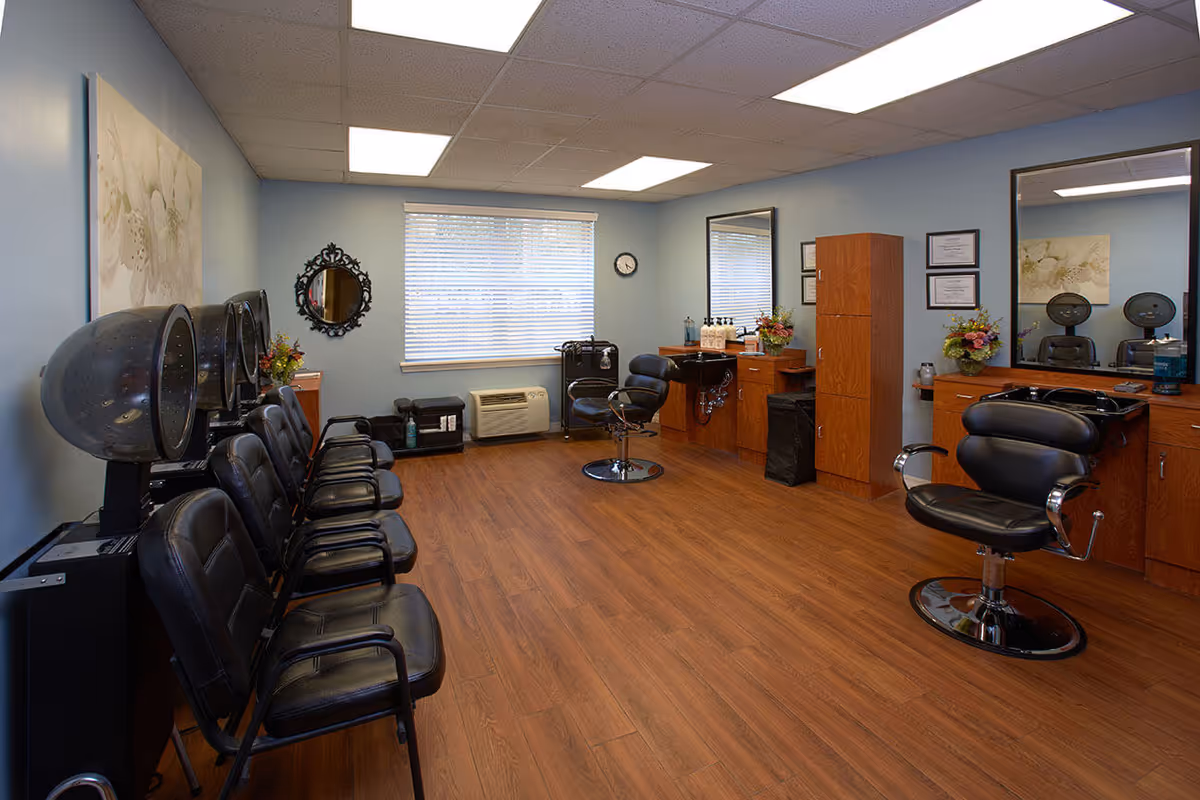 A bright salon room with multiple styling chairs and hooded hair dryers along the left wall, mirrors and wooden cabinets on the right, and a window at the far end.