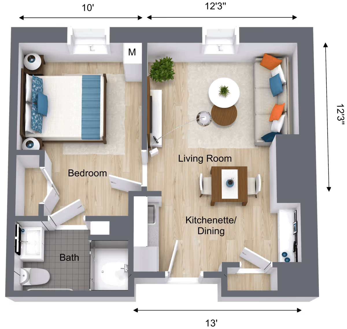 3D floor plan of a small apartment unit showing a bedroom with a bed and nightstands, a bathroom with a toilet, sink, and shower, and a combined living room and kitchenette/dining area with a sofa, coffee tables, dining table with chairs, and a TV stand. Dimensions of the rooms are marked around the layout.