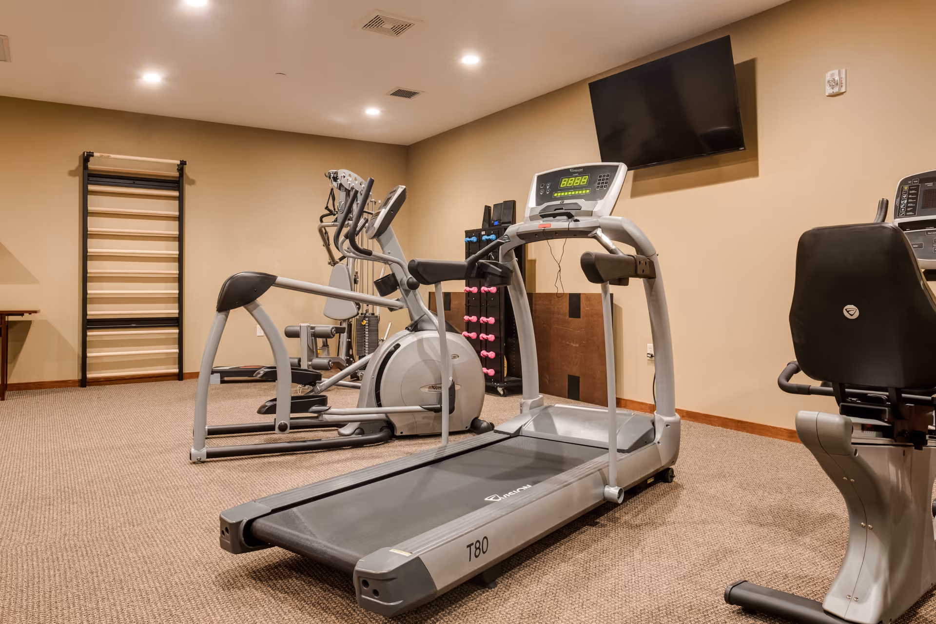 Indoor fitness room with exercise equipment including a treadmill, elliptical machine, stationary bike, and a rack of pink dumbbells. A flat-screen TV is mounted on the beige wall above the treadmill. The room has carpeted flooring and recessed ceiling lights.