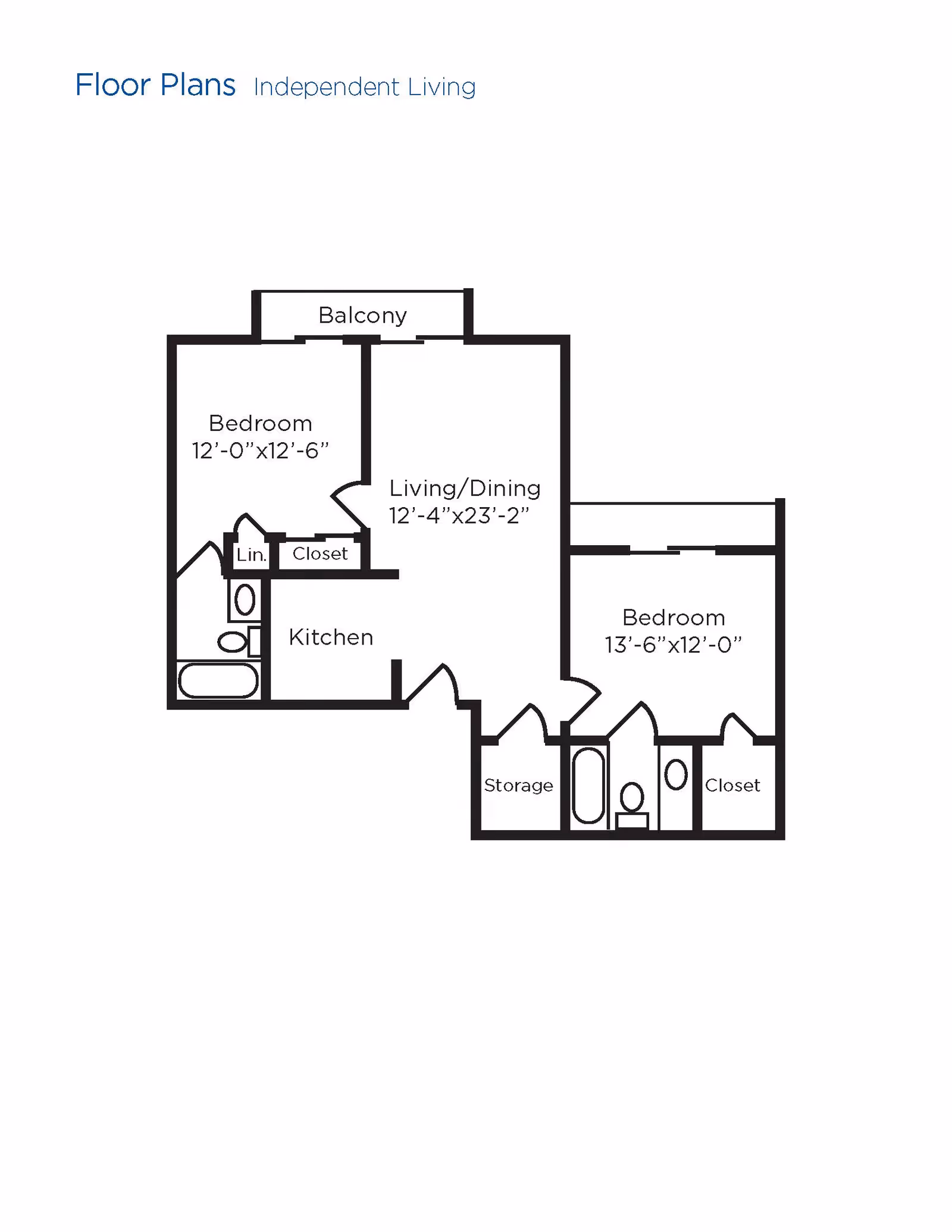 Floor plan for an independent living unit at Brookdale Charlotte East showing two bedrooms, two bathrooms, a kitchen, living/dining area, balcony, closets, linen closet, and storage space.
