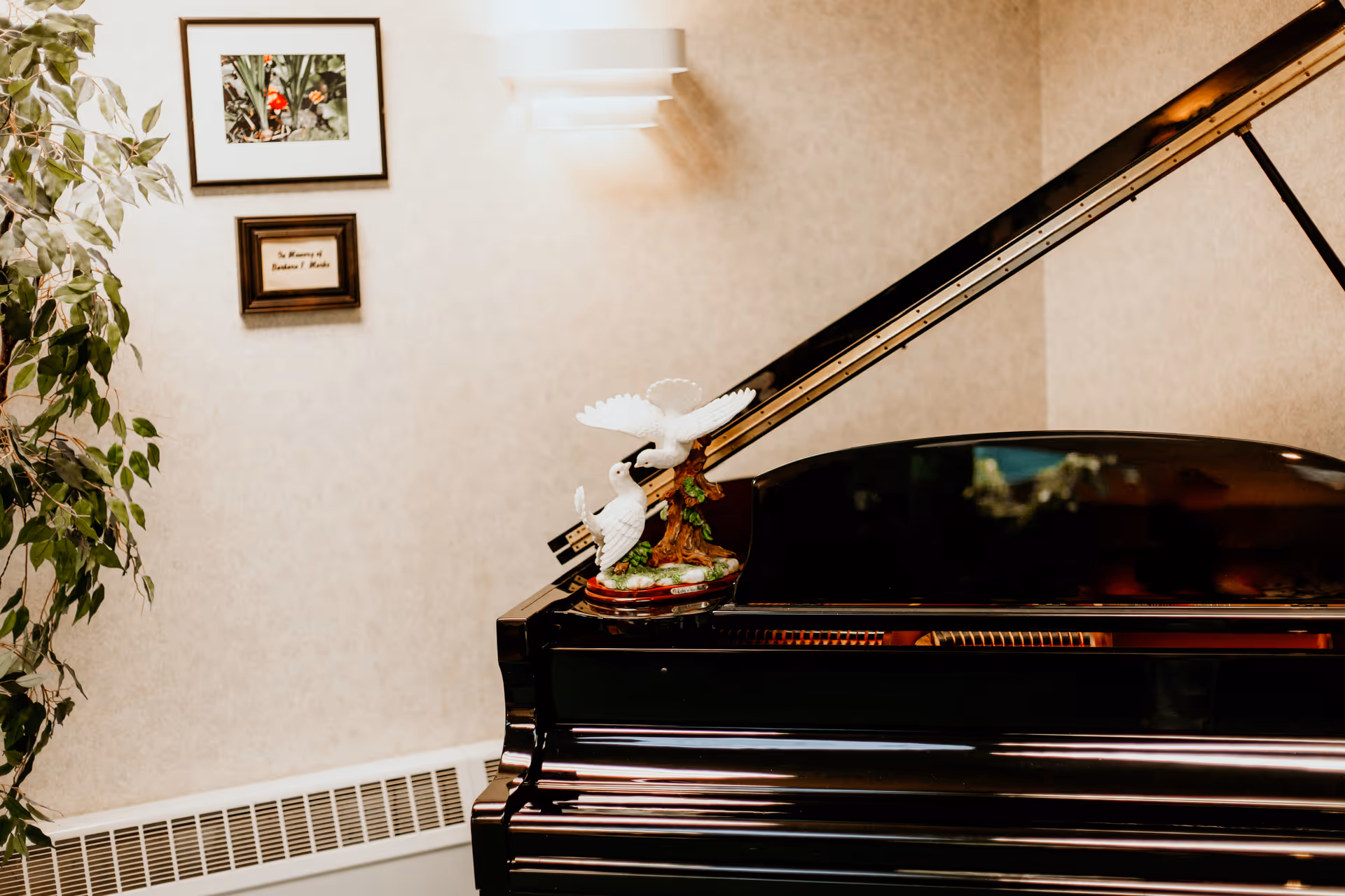 A black grand piano with its lid open in a softly lit room. On top of the piano is a decorative figurine of two white birds perched on a tree branch. To the left, there is a leafy green plant and two framed pictures hanging on the beige wall. A wall-mounted light fixture is above the piano.